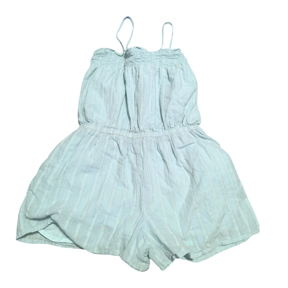 Janie and Jack Girls Blue Gold Lurex Striped Smocked Lightweight Romper Size 8
